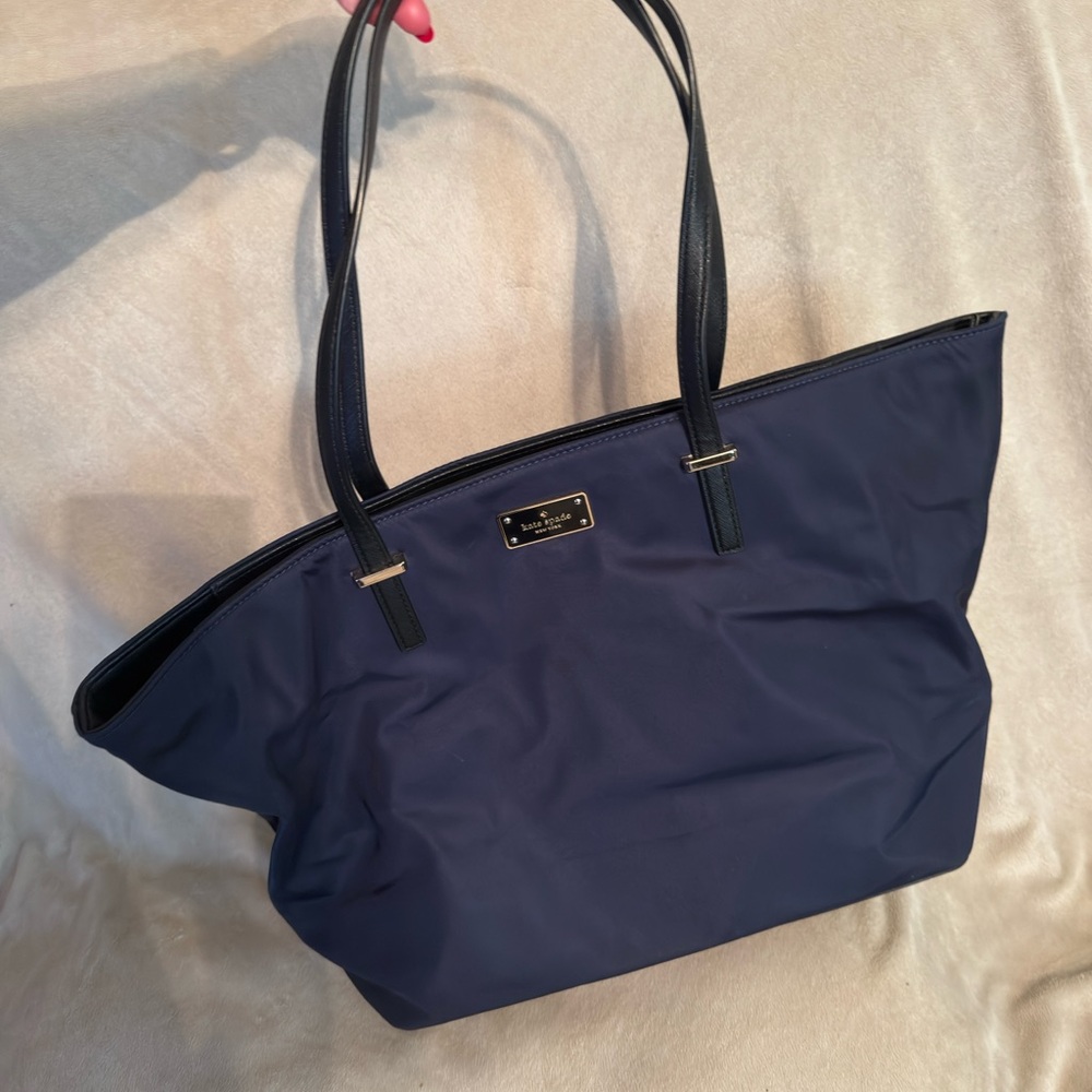 kate spade navy tote with gold logo plaque